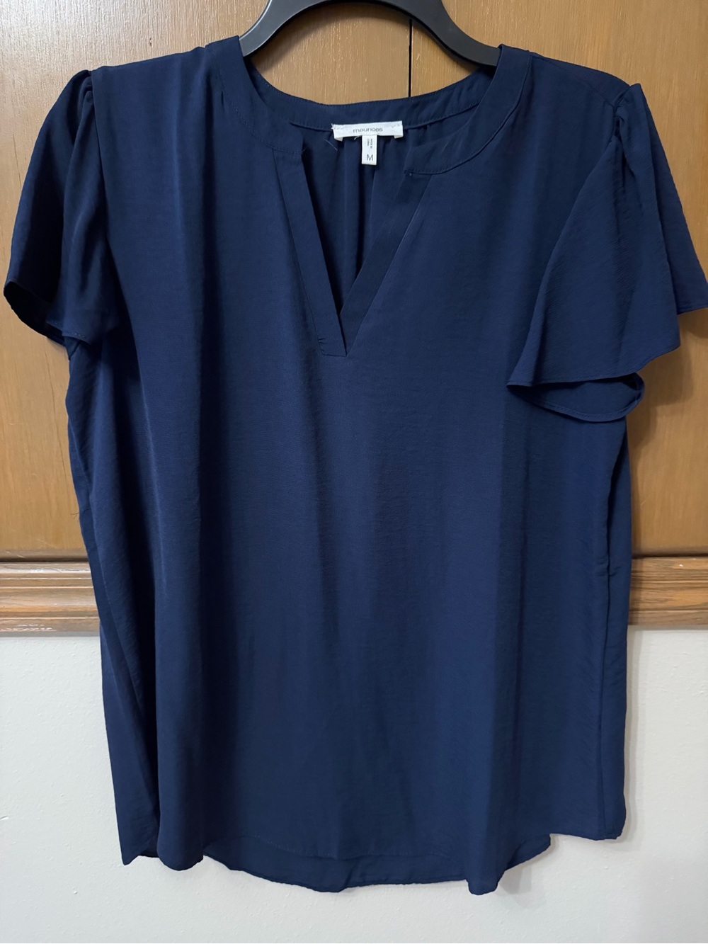 Maurices Navy Split V-Neck Flutter Sleeve Chiffon Blouse, Medium-NWOT